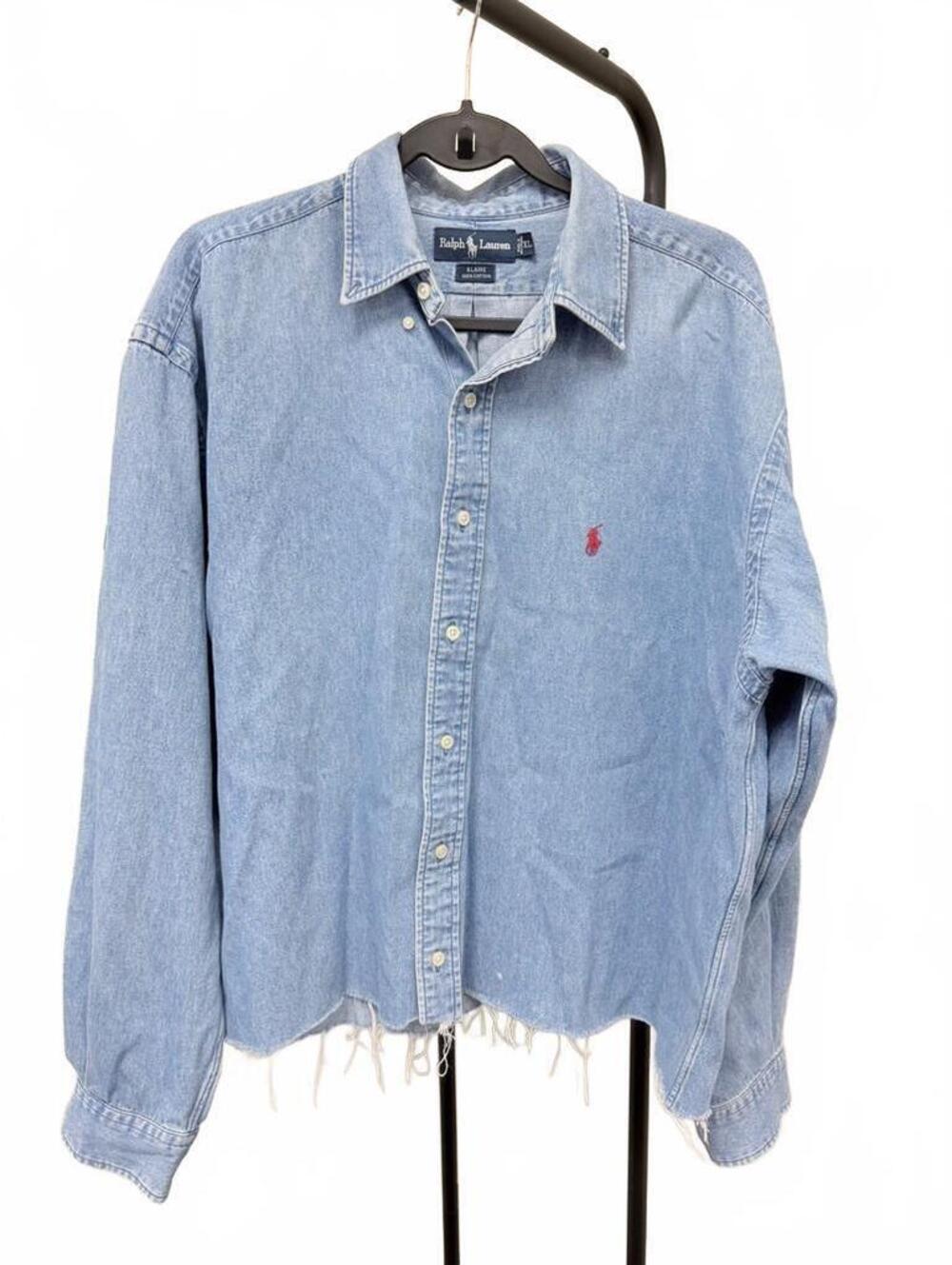 Ralph Lauren Blaire Women’s XL Chambray Shirt Frayed Hem Red Pony
